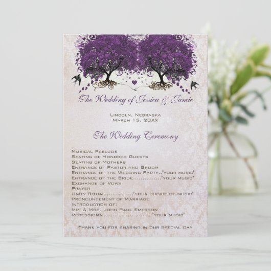 Paarse Boom  Tortelduifjes Damask Bruiloft Programmakaart (Staand voorkant)