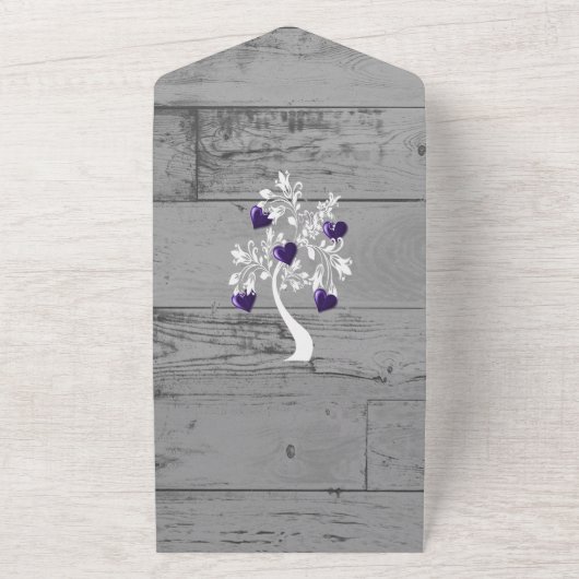 Paarse boom van het hart in één bruiloft all in one uitnodiging (Buitenkant)