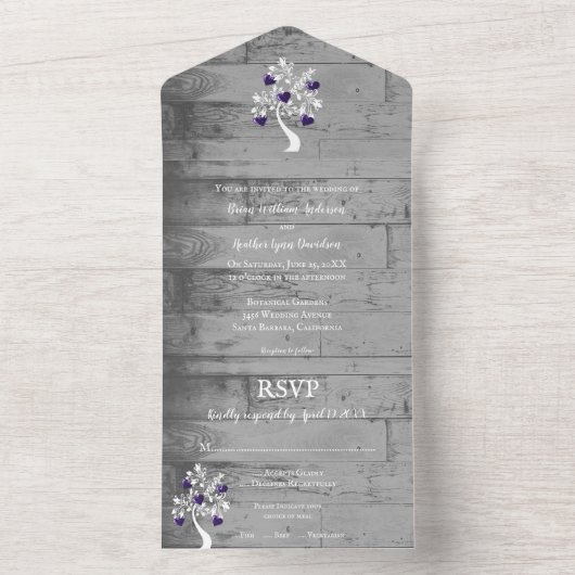 Paarse boom van het hart in één bruiloft all in one uitnodiging (Binnen)