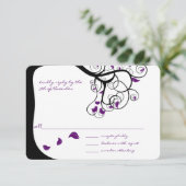 Paarse Boom Wervelende Liefdesvogels Trouw Uitnodi RSVP Kaartje (Staand voorkant)