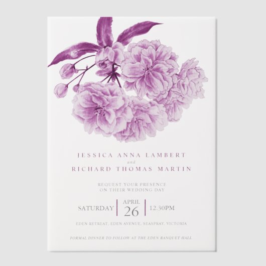 Paarse boombloesem waterverf foto bruiloft vellum uitnodigingen (Voorkant)