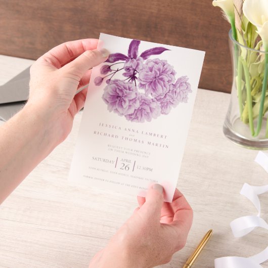 Paarse boombloesem waterverf foto bruiloft vellum uitnodigingen (Draagbaar)