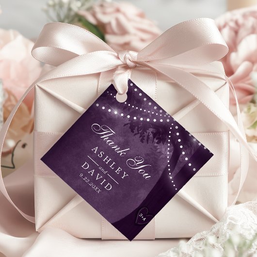 Paarse Boomlichten met Gesneden Initialen Bruiloft Bedankjes Labels