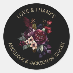 Paarse bordeaux bloemenzwart bruiloft dank u ronde sticker