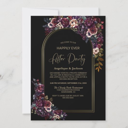 Paarse bordeaux bloemenzwart bruiloft na feest kaart (Voorkant)