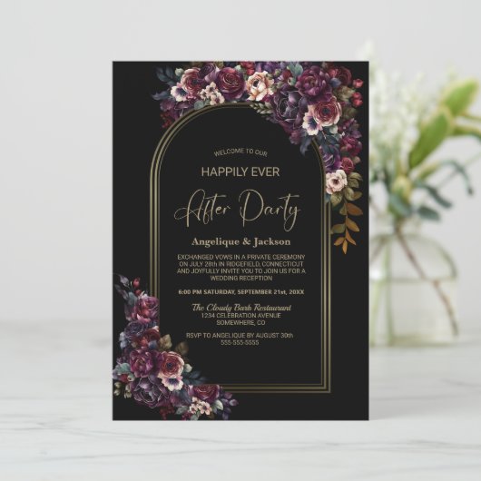 Paarse bordeaux bloemenzwart bruiloft na feest kaart (Staand voorkant)