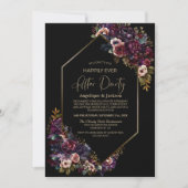 Paarse bordeaux bloemenzwart bruiloft na feest kaart (Voorkant)