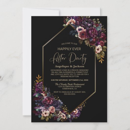 Paarse bordeaux bloemenzwart bruiloft na feest kaart (Voorkant)