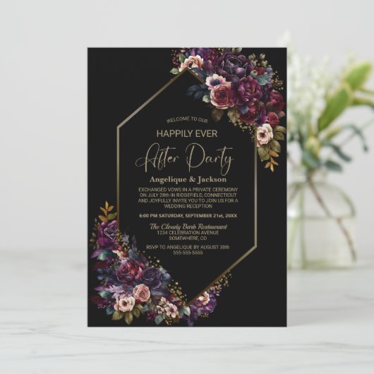 Paarse bordeaux bloemenzwart bruiloft na feest kaart (Staand voorkant)