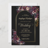 Paarse bordeaux zwart bloemenboog bruiloft kaart (Voorkant)