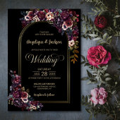 Paarse bordeaux zwart bloemenboog bruiloft kaart