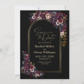 Paarse bordeaux zwart bloemenboog bruiloft save the date (Voorkant)