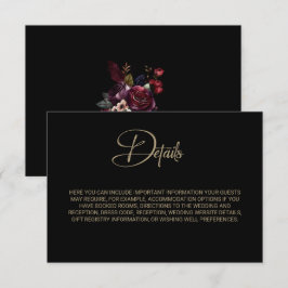 Paarse bordeaux zwart bloemenbruiloft details informatiekaartje