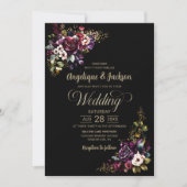 Paarse bordeaux zwart bloemenbruiloft kaart (Voorkant)