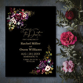 Paarse bordeaux zwart bloemenbruiloft Save the Dat Date