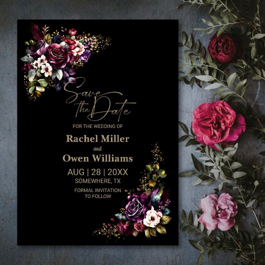 Paarse bordeaux zwart bloemenbruiloft Save the Dat Save The Date