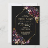 Paarse bordeaux zwart bloemig alles in één bruilof kaart (Voorkant)