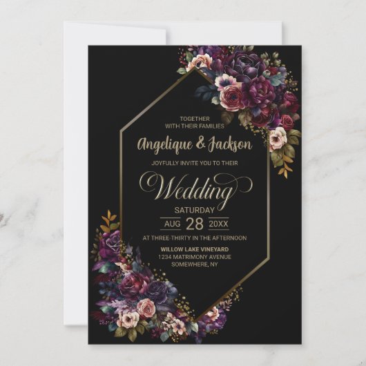 Paarse bordeaux zwart bloemig alles in één bruilof kaart (Voorkant)