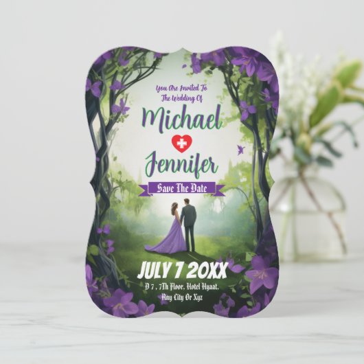 Paarse bos bruiloft aangepaste foto Sla de datum o Kaart (Staand voorkant)