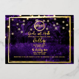 Paarse Boslichten Elegante Trouwfoto Goud Folie Uitnodiging