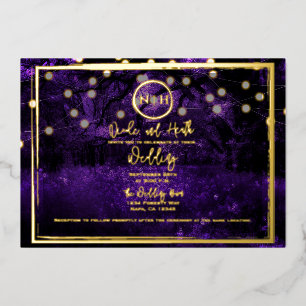Paarse Boslichten Elegante Trouwfoto Goud Folie Uitnodiging