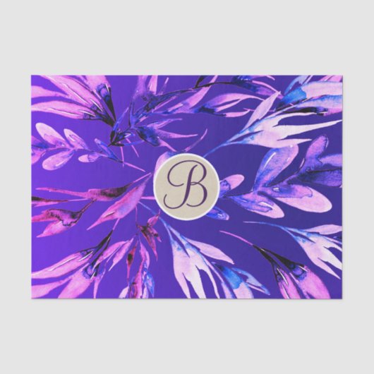 Paarse botanische bladeren Monogram Letter Initiaa Tissuepapier (Voorkant)