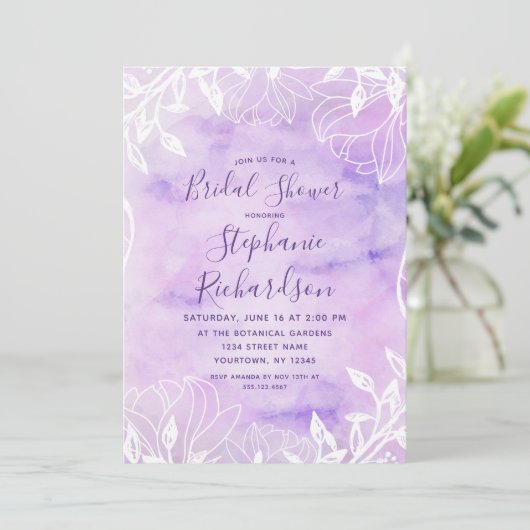 Paarse Botanische Bloemen Bruidsdouche Uitnodiging (Staand voorkant)