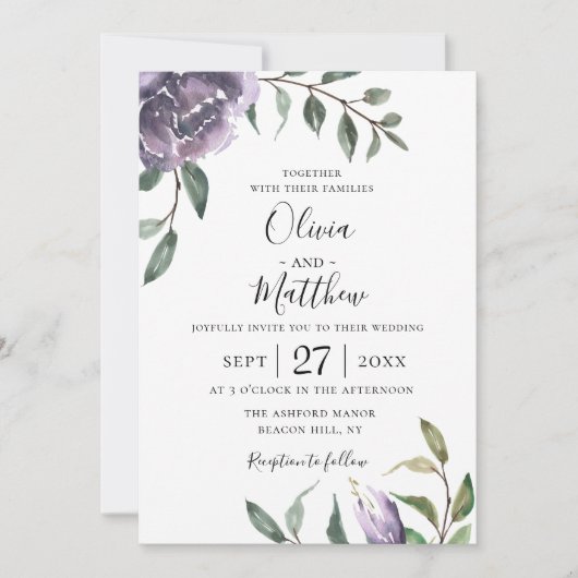 Paarse Botanische Bloemen Bruiloft Uitnodiging (Voorkant)