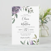 Paarse Botanische Bloemen Bruiloft Uitnodiging (Staand voorkant)