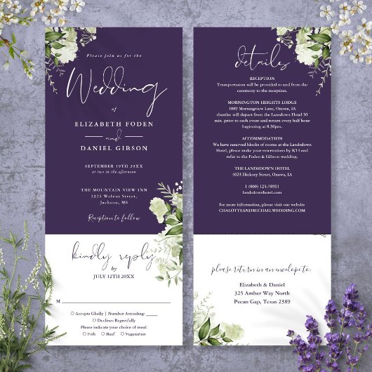 Paarse Botanische Bloemige All In One Trouw Kaart