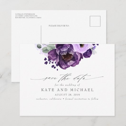 Paarse Botanische Boho Save the Date Briefkaart (Voorkant / Achterkant)