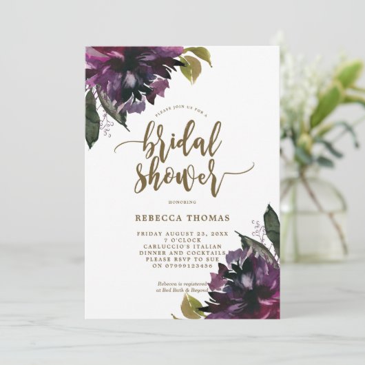 paarse botanische bridale douche-uitnodiging voor  kaart (Staand voorkant)