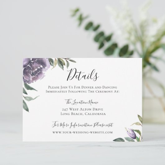 Paarse botanische bruiloft details kaart (Staand voorkant)
