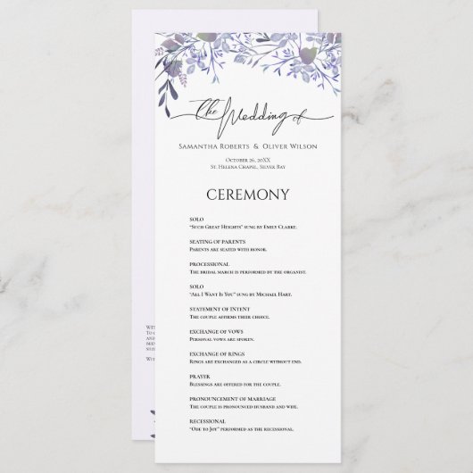 Paarse botanische bruiloft programmakaart (Voorkant / Achterkant)