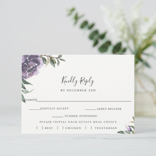 Paarse Botanische Bruiloft RSVP Maaltijd Keuze Kaa (Staand voorkant)