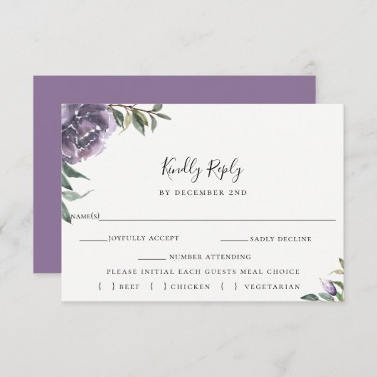Paarse Botanische Bruiloft RSVP Maaltijd Keuze Kaa (Voorkant / Achterkant)