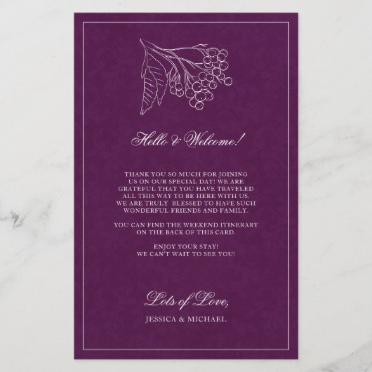 Paarse Botanische Elegant Weddenschap Welkomstreis (Voorkant)