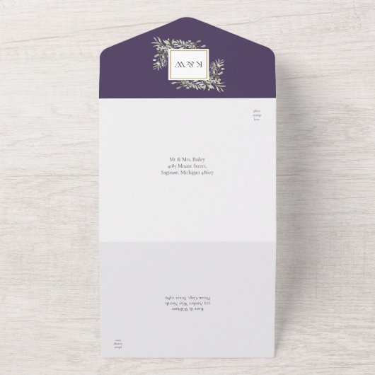 Paarse botanische groene bladeren bruiloft all in one uitnodiging (Buitenkant)