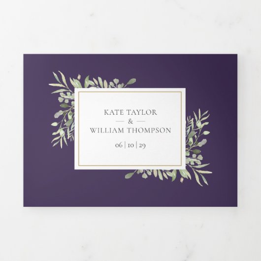 Paarse Botanische Groene Bladeren Foto Bruiloft Drieluik Uitnodiging (Cover)