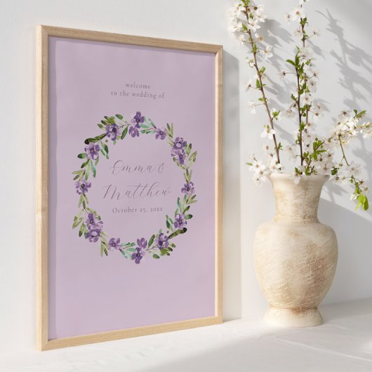 Paarse botanische krans bruiloft welkomstbord poster