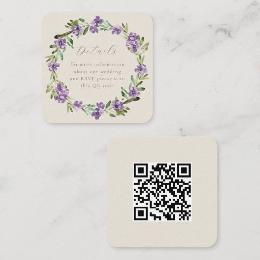 Paarse botanische krans QR-code bruiloft Informatiekaartje (Voorkant / Achterkant)