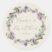 Paarse Botanische Krans Trouw Monogram Ronde Sticker (Voorkant)