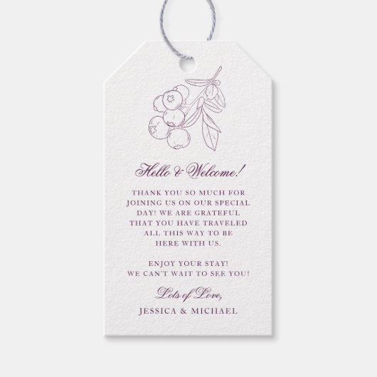 Paarse botanische lijn Elegant Weddenschap Welkom Cadeaulabel (Voorkant)