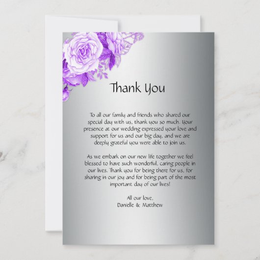 Paarse Botanische Rozen in zilveren bruiloft Bedankkaart (Voorkant)