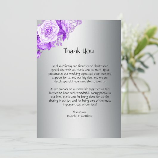 Paarse Botanische Rozen in zilveren bruiloft Bedankkaart (Staand voorkant)