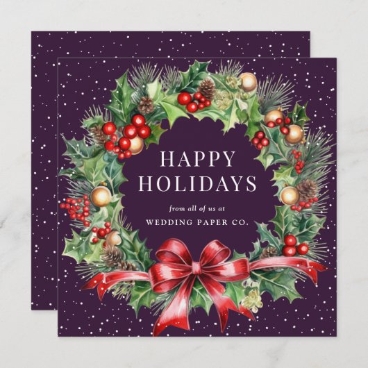 Paarse botanische sneeuwhandel feestdagenkaart (Voorkant / Achterkant)
