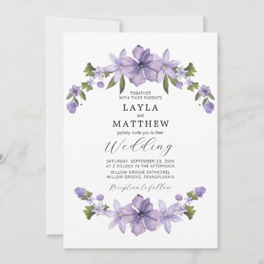 Paarse Botanische Waterverf Floral Elegant Wedding Kaart (Voorkant)