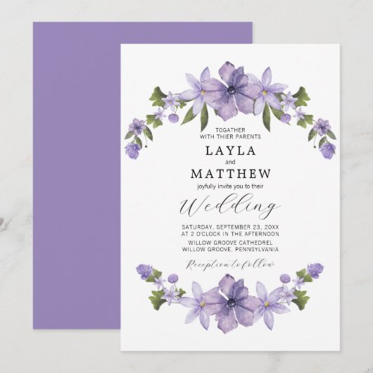 Paarse Botanische Waterverf Floral Elegant Wedding Kaart (Voorkant / Achterkant)