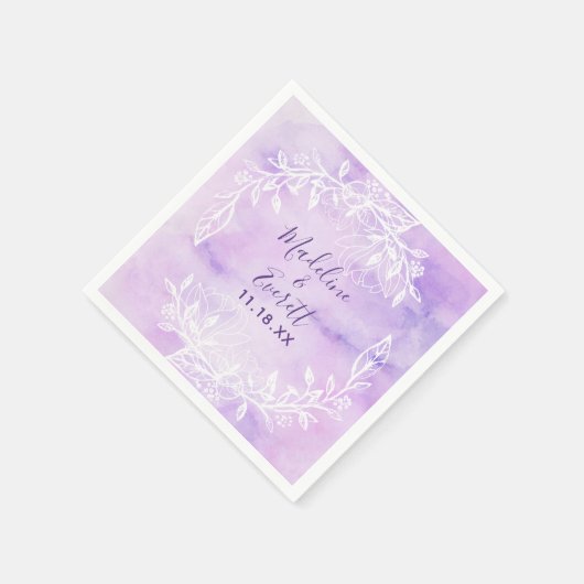 Paarse Botanische Witte Bloemen Bruiloft Monogram Servet (Hoek)