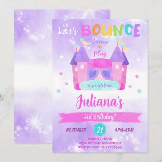 Paarse Bounce House Verjaardagsuitnodiging Kaart (Voorkant / Achterkant)